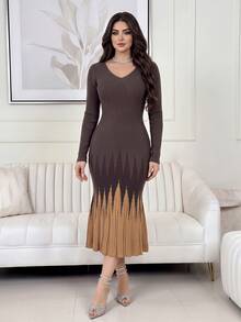 Feyla V-Neck Long Sleeve Geometric Pattern Pleated Dress - Coffee Brown - View 3