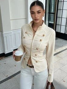 Lavishia 女款新款極簡春夏復古立領襯衫上衣，修身拉鍊前開拿破崙/軍裝夾克背心，女款夏季服飾，適合戶外、鄉村音樂會穿搭、通勤、外出、街頭穿著的夏季上衣 - 杏色 - 查看 4