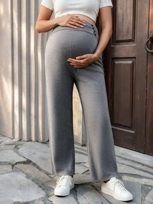 SHEIN Maternity Knit Sweater Pants Loose Fit Solid Color Versatile Daily Wear Design Knitted Long Trousers - Grey - View 3