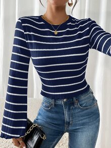 SHEIN Frenchy 女款休閒條紋喇叭袖T恤 - 藏蓝色 - 查看 4
