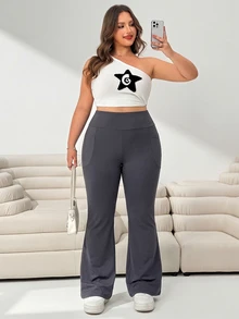 Solflare Plus Size Minimalist Casual Pocket Elastic Flare Pants Fall - Dark Grey - View 3