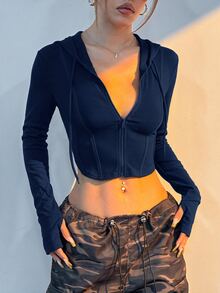 SHEIN EZwear Women's Casual Comfortable Autumn/Winter Navy Blue Cinched Waist Long Sleeve Thin Jacket - 藏蓝色 - 查看 5
