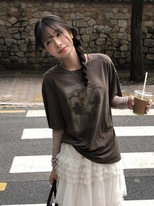 DAZY Brown Round Neck Floral Print Loose Casual Layering T-Shirt - Brown - View 4