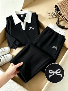 SHEIN Elladie kids 少女學院風黑色蝴蝶結印花對比色POLO領上衣＋寬腿褲休閒兩件套穿搭 - 黑色 - 查看 5