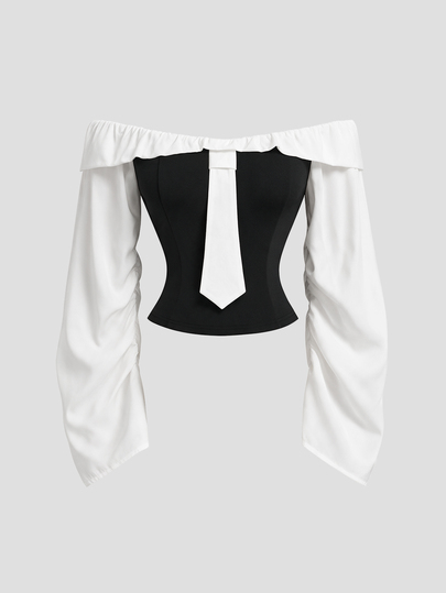 Sweetra Plus Size Women Gothic Asymmetric Ruffle Trim Off-Shoulder Pleated Patchwork Long Sleeve Blouse Outerwear Casual Shirt Black Patchwork Slim Fit Sexy Party Gathering Back To School Daily Commute Versatile College Office Home Shirt Suitable For Spring Autumn