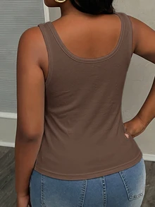 Slaydiva Plus Size Women Solid Color Square Neck Casual Versatile Tank Top - Rust Brown - View 2