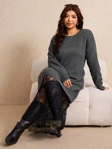Elaquor Plus Size Women's Round Neck Long Sleeve Contrast Lace Hem Elegant Knit Dress - Grey - View 4