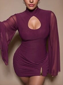SHEIN BAE CURVE Plus Size Purple Burgundy Water Drop Neck Long Sleeve Fitted Bodycon Sexy Mini Dress, Suitable For Cocktail Party, Romantic Date, Party, Formal - Purple - View 7