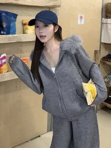 DAZY Women's Solid Color Zip-Up Hooded Sweater And Casual Loose Pants 2 Pieces Set - Grey - View 5