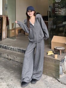 DAZY Women's Solid Color Zip-Up Hooded Sweater And Casual Loose Pants 2 Pieces Set - Grey - View 6