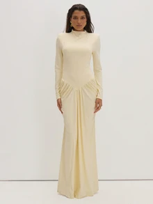MUSEYN Cream Jersey High Neck Ruched Detail Shoulder Pad Maxi Dress Classy Date Night Chic Evening Fall - Beige - View 1