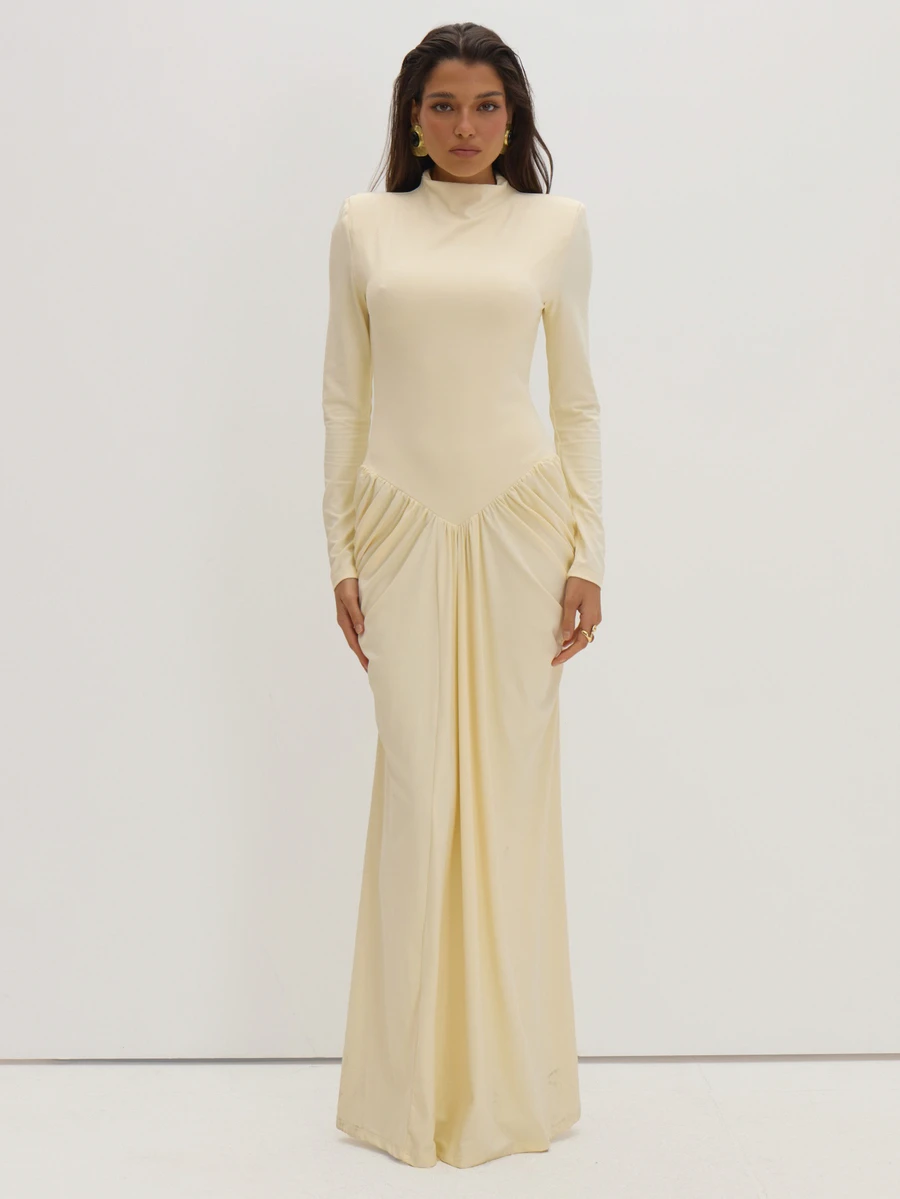MUSEYN Cream Jersey High Neck Ruched Detail Shoulder Pad Maxi Dress Classy Date Night Chic Evening Fall - Beige - View 1