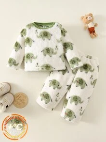 SHEIN 男嬰卡通大象圖案抓絨內裡加厚圓領長袖套頭上衣與鬆緊腰長褲2件套，百搭舒適 - 綠色 - 查看 5