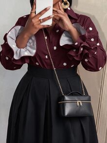 Slaydiva Blus Ukuran Besar Motif Polkadot dengan Kancing Warna Kontras dan Manset Bergelombang Berlapis untuk Musim Gugur - Coklat - View 4