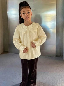 DAZY 青少年女孩秋季服飾蕾絲娃娃臉泡泡袖長袖甜美襯衫 - 米色 - 查看 4