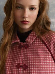Nöista Women's Jacket With Checks Fabric. Oriental Buttons On The Planket For Closing In Contrast Color, Perfect For Fall Winter, Casual, Cute - Red - View 7