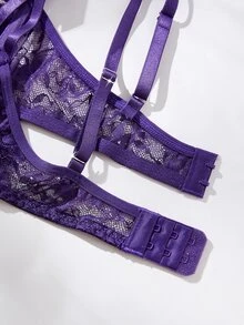 Seduluxe Butterfly Lace Mesh Ruffle Trim Underwire Bra Sheer Sexy Women Jumpsuit - Purple - View 5