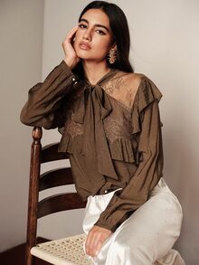 BELROSIE Fall/ Dark Brown Solid Textured Fabric Elegant Sophisticated Crinkled Ruffle Lace Patchwork Bowknot Long Sleeve Blouse, French Vintage Office Dinner - Brown - View 7