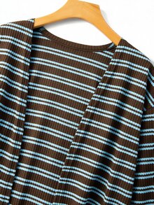 GlowEve CURVE Women's Plus Size Striped Long Sleeve Asymmetrical Hem Jacket - Brown - View 3