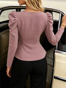 SHEIN PariChic Women's Plaid Patchwork Ruffle Square Neck Long Sleeve Elegant Blouse - White - View 2
