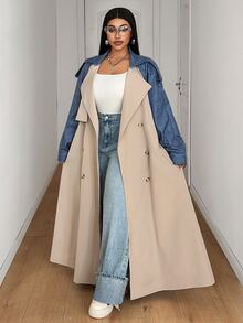 Maweii Plus Size Casual Fashion Patchwork Long Trench Coat Fall - Khaki - View 2