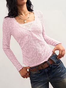 Bohemela Women's Contrast Lace V-Neck Embroidered Long Sleeve T-Shirt - Pink - View 5