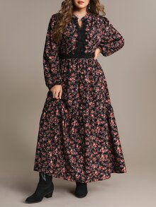 Freevana 女款大尺碼黑色洋裝，碎花圖案，蕾絲細節，長燈籠袖，優雅休閒適合外出，秋冬女裝 - 黑色 - 查看 4