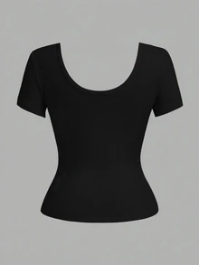 Slaydiva Plus Size Women's Solid Color Ribbed V-Neck Button Decor Slim Fit Short Sleeve T-Shirt - Black - View 3