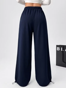 SHEIN EZwear 海軍藍大尺碼春夏百搭抽繩運動長褲 - 藏蓝色 - 查看 2