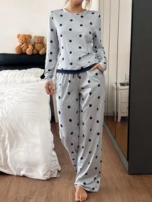 Napfluff Polka Dot Contrast Trim Women's Pajama Set Casual Pocket Loungewear - Light Grey - View 2