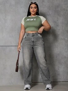SHEIN ICON Plus Size Women's High Waist Wide Leg Loose Casual Denim Jeans With Pockets - Light Grey - View 7