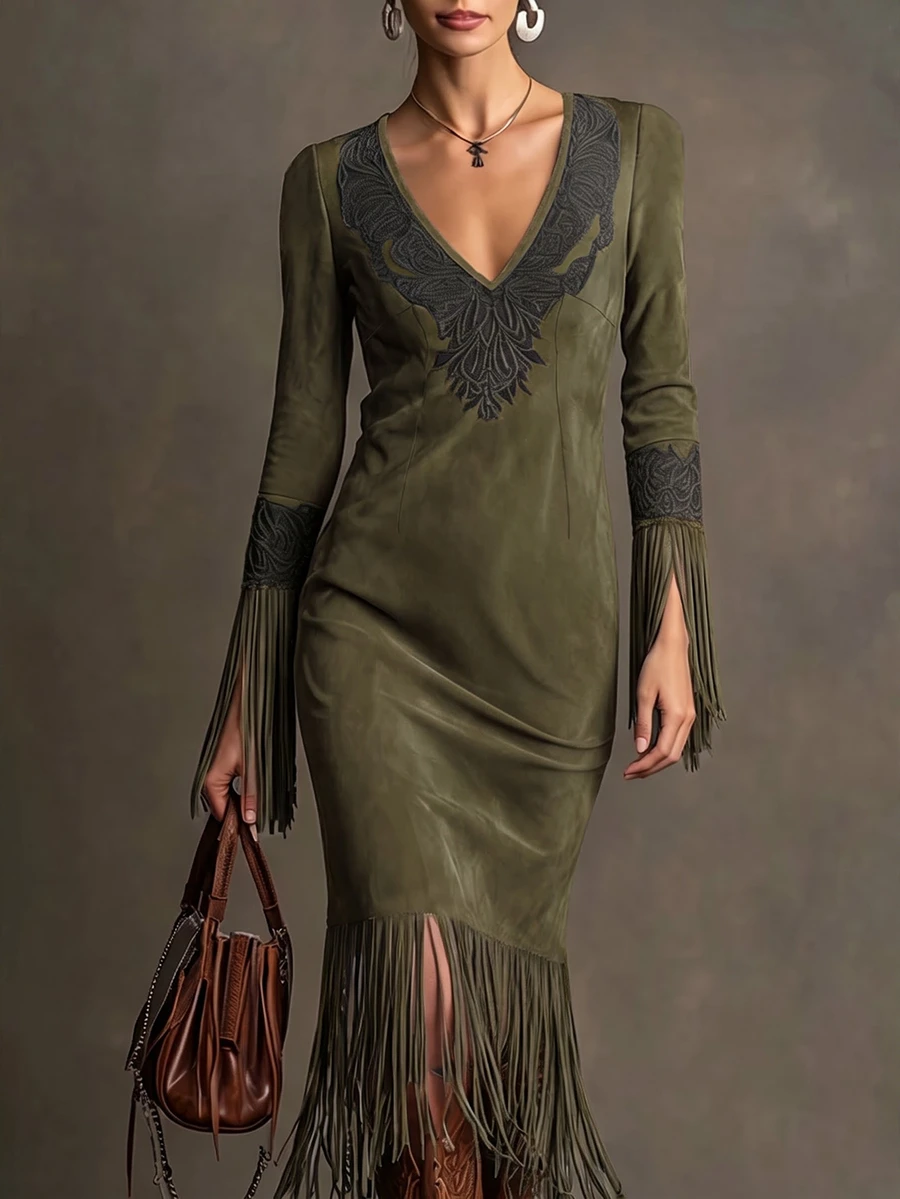 LUMIGAL Women's Printed V-Neck Tassel Cuff Elegant Vintage Dress - Olive Green - View 1