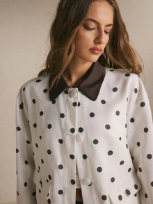 Poéselle Jaket Wanita Putih Motif Polkadot dengan Kancing Depan, Kerah Kontras, Jaket Musim Dingin, Pakaian Kerja, Atasan Polkadot, Pakaian Kantor Kasual Elegan dan Chic untuk Musim Gugur dan Musim Dingin - MultiWarna - View 5