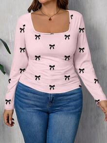 Rosumi Casual Minimalist Plus Size Square Neck T-Shirt With Bow Print Pattern - Multicolor - View 4