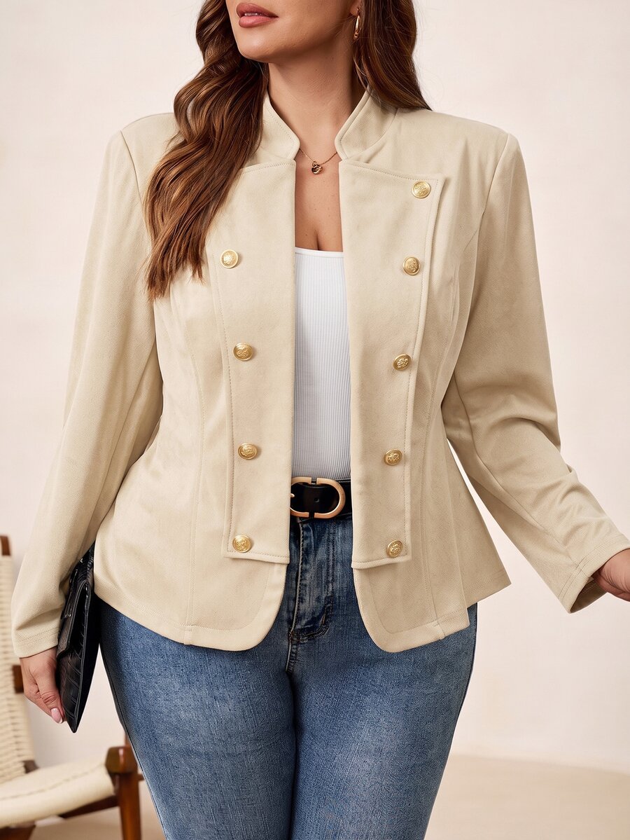 Chikora Plus Size Elegant Fashion Double-Breasted Long Sleeve Jacket For Office - Apricot - View 1