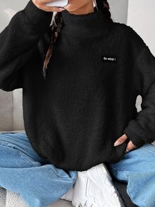 SHEIN CURVE+ Autumn/Winter Women Plus Size Letter Applique High Neck Drop Shoulder Teddy Fleece Sweatshirt, Suitable For 5XL-8XL - Black - View 2