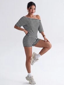StreetHx Women's Striped Asymmetrical Shoulder Short Sleeve T-Shirt And Shorts Sports Set - Black and White - View 5