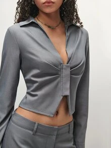 TRNVIE Women's Autumn Outfit Set With Collared Ruched Cinched Waist Long Sleeve Top And Skirt - Grey - View 8
