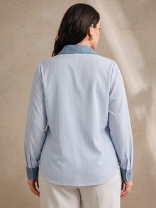 Anewsta Spring Summer Blue & White Striped Denim Patchwork Collared Casual Daily Commute Campus Plus Size Women's Shirt - Blue - View 6