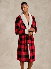 EverLounge Autumn/Winter Men's Minimalist Basic Fit Classic Black & Red Plaid Print Christmas Atmosphere Contrast Color Lapel Design Loungewear Robe - Multicolor - View 5