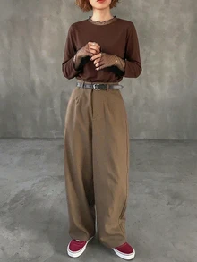 FRIFUL 女款網格拼接休閒日常長袖T恤 - 棕色 - 查看 6