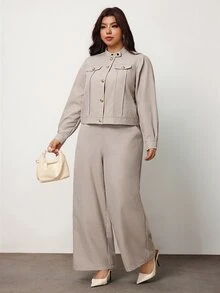Enliva Plus Size Women's Two Pieces Pants Set Cropped Jacket High Waist Trousers Elegant Matching Outfit Flattering Compatible With Apple Shape - Khaki - View 4