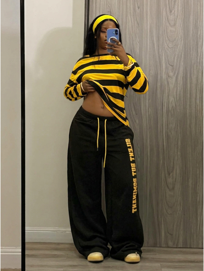Fiercella Fiercella Set casual de 2 piese pentru femei, stil street retro, cu dungi, croială largă