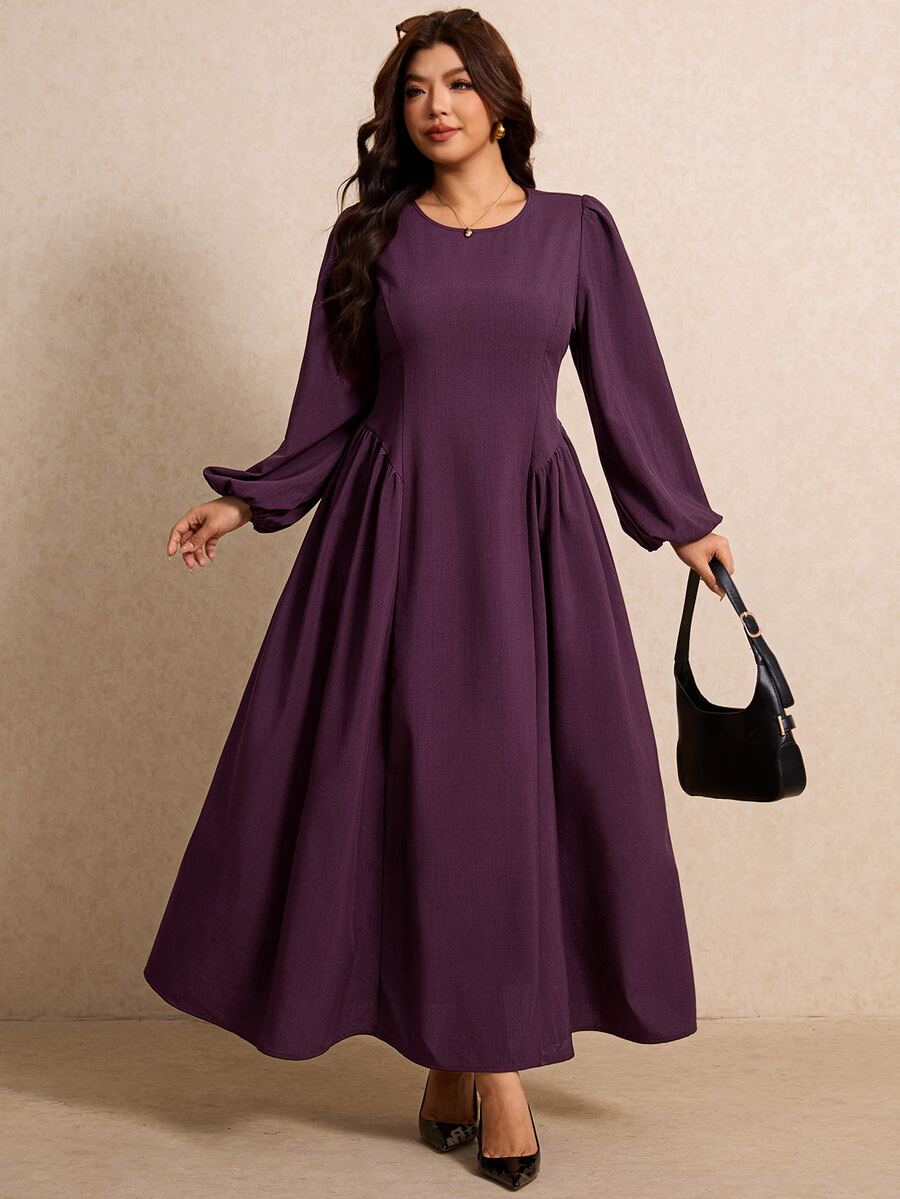 Elaquor Plus Size Women's Solid Color Round Neck Lantern Sleeve Elegant Dress Fall - Burgundy - View 1