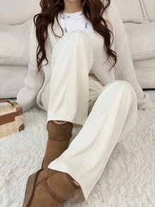 Feyla Celana Panjang Wanita Model Lurus Warna Polos dengan Tali Serut, Warna Putih Gading, Kasual Musim Gugur dan Musim Dingin. - Aprikot - View 2