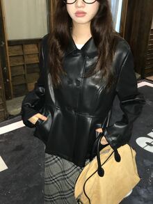 DAZY Jaket Wanita Warna Polos Lengan Panjang, Musim Gugur/Dingin - Hitam - View 10