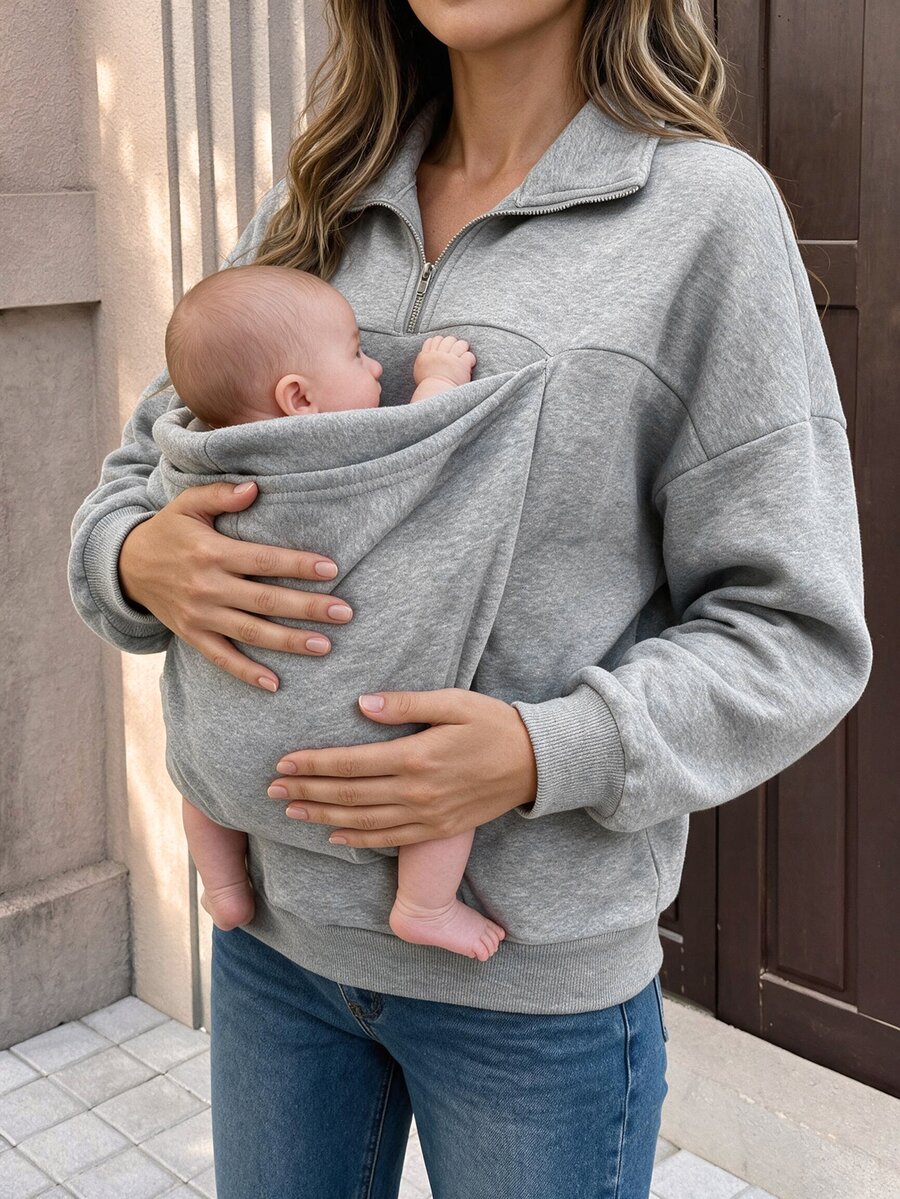 SHEIN Sweatshirt Kasual Longgar Lengan Panjang Ibu Hamil Abu-abu Musim Gugur/Dingin 3-in-1 Tebal Berlapis Ganda - Light Grey - View 1