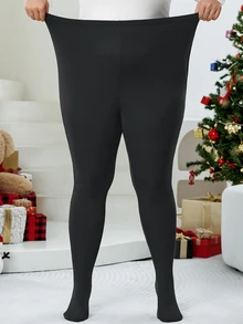 SHEIN CURVE+ سروال ضيق مبطن بالصوف الأسود السميك، مناسب للشتاء، مقاس كبير - الأسود - مشاهدة 9