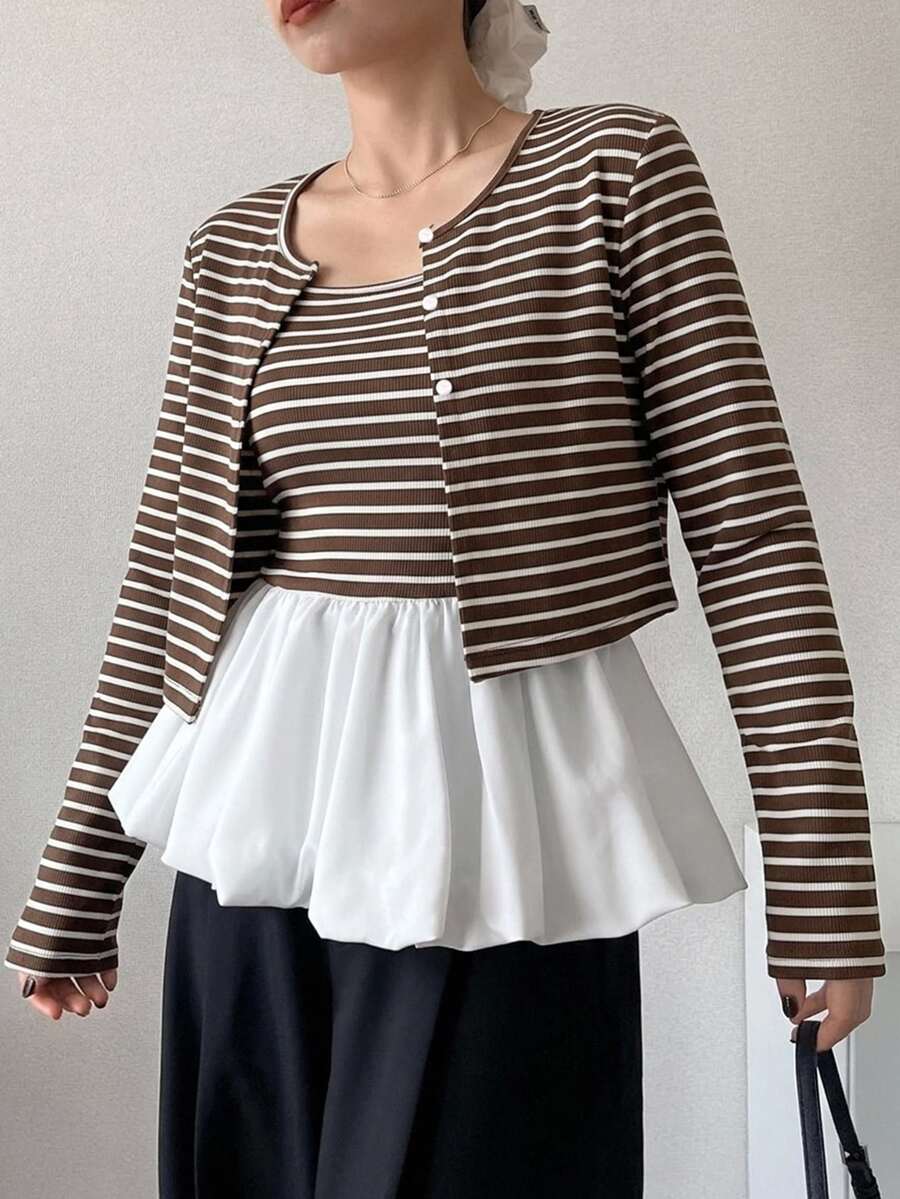 FRIFUL 女款條紋單排扣長袖上衣與花苞下擺細肩帶背心休閒兩件套 - 棕色 - 查看 1
