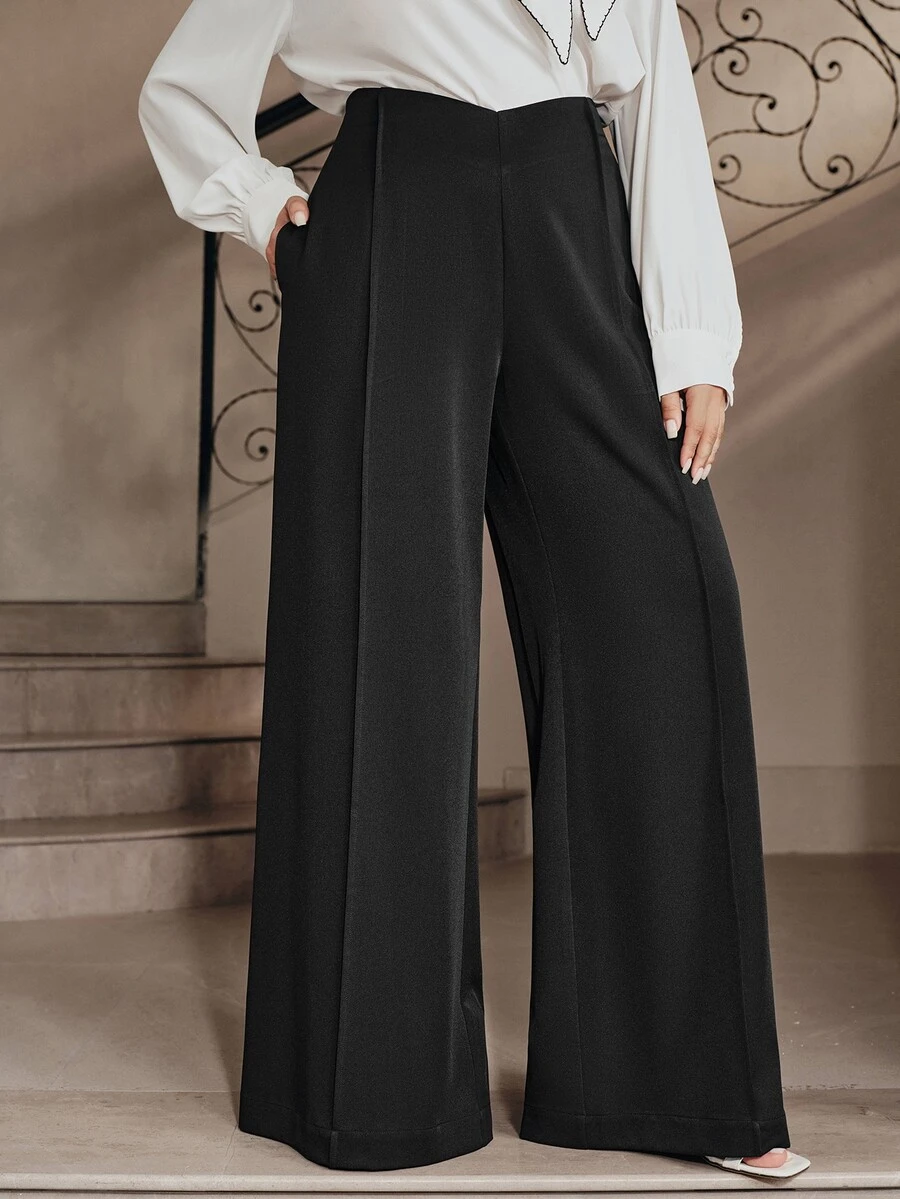 Anewsta Autumn/Winter New Solid Color Premium V-Shaped High Waist Fashion Pocket Flare Leg Pants For Women Plus Size - Black - View 1